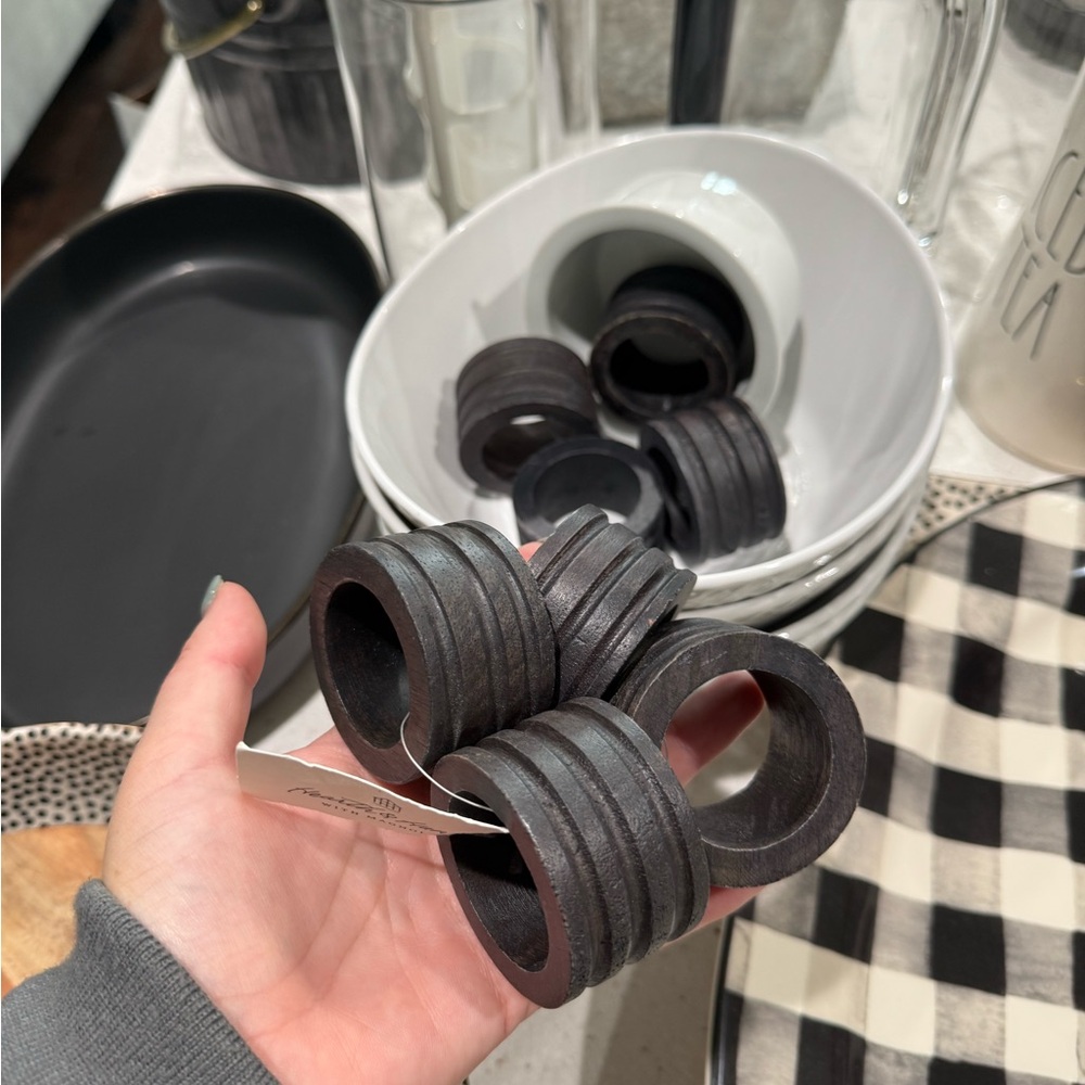 Hearth & hand black wooden napkin ring set 8